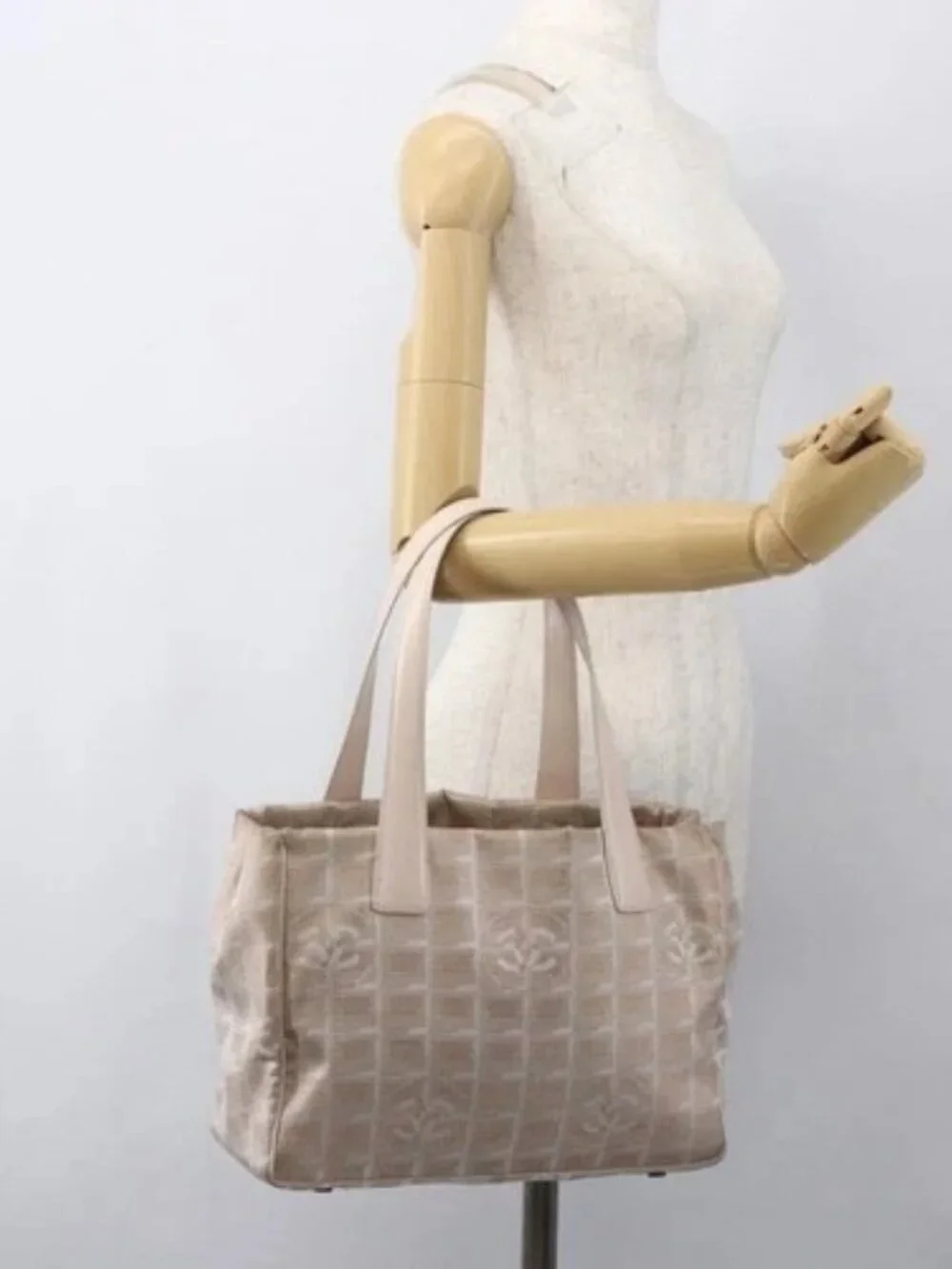 CHANEL New Travel Line Tote Bag Nylon Beige Silver CC Auth th6582